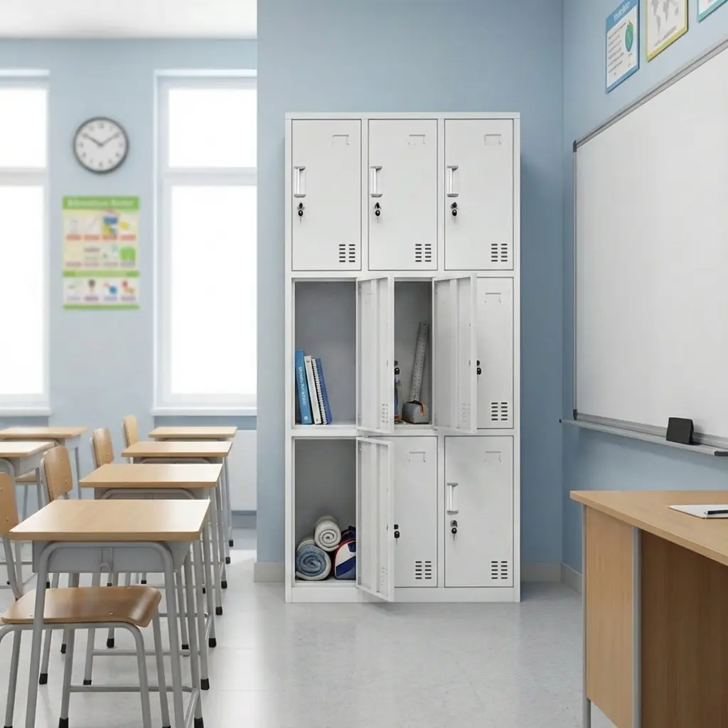 White 9-door steel locker storage cabinet featuring individual key-lockable compartments, ventilation slots, and recessed handles in a classroom setting.