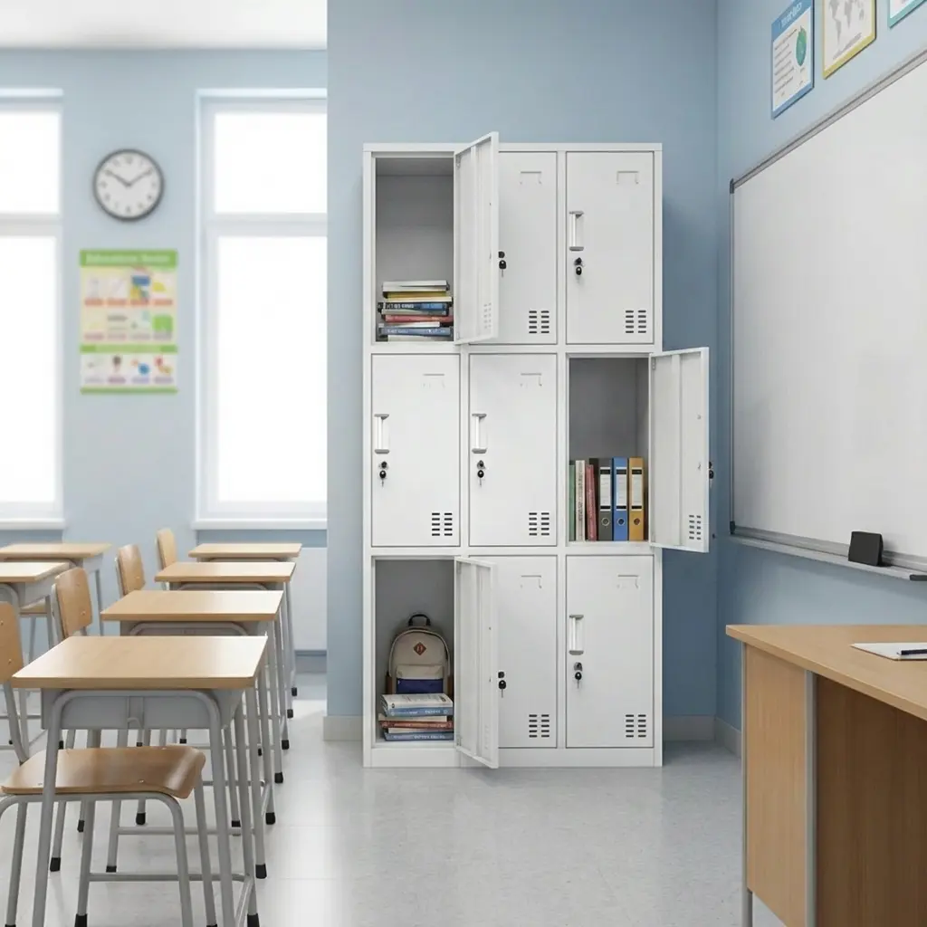 White 9-door steel locker storage cabinet featuring individual key-lockable compartments, ventilation slots, and recessed handles in a classroom setting.