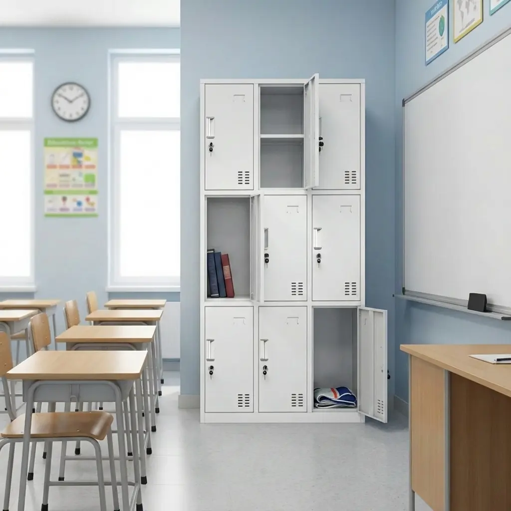 White 9-door steel locker storage cabinet featuring individual key-lockable compartments, ventilation slots, and recessed handles in a classroom setting.
