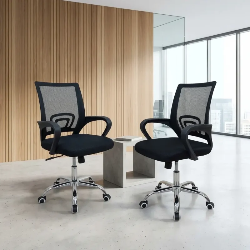 Ergonomic low-back clerical office chair in black mesh, featuring fixed curved armrests, a contoured lumbar-supporting backrest, and a pneumatic height-adjustment lever on a durable nylon swivel base with wheels.