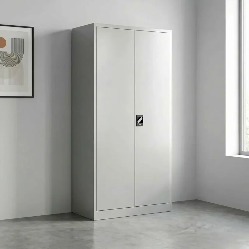 Heavy-duty gray metal office file cabinet featuring two doors, five spacious interior storage shelves, and a secure central key-lock mechanism, shown next to office binders.