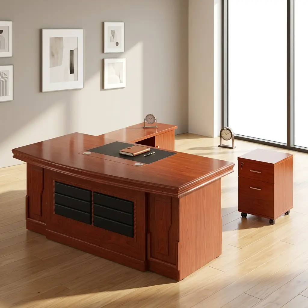 Modern 1600mm executive office desk featuring a warm brown wood grain tabletop with an integrated gray writing blotter inlay, a sleek gray side return cabinet, and gold horizontal accents on the front modesty panel.