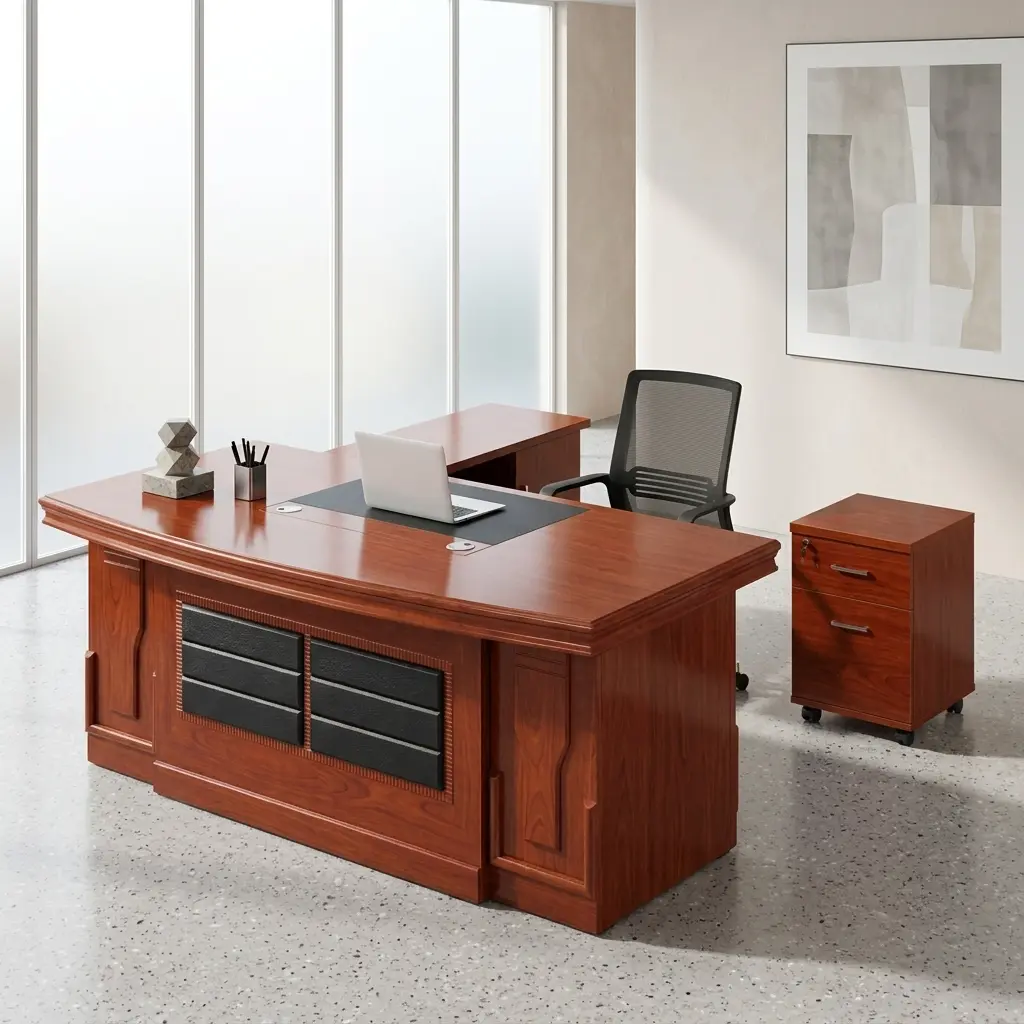 Modern 1600mm executive office desk featuring a warm brown wood grain tabletop with an integrated gray writing blotter inlay, a sleek gray side return cabinet, and gold horizontal accents on the front modesty panel.