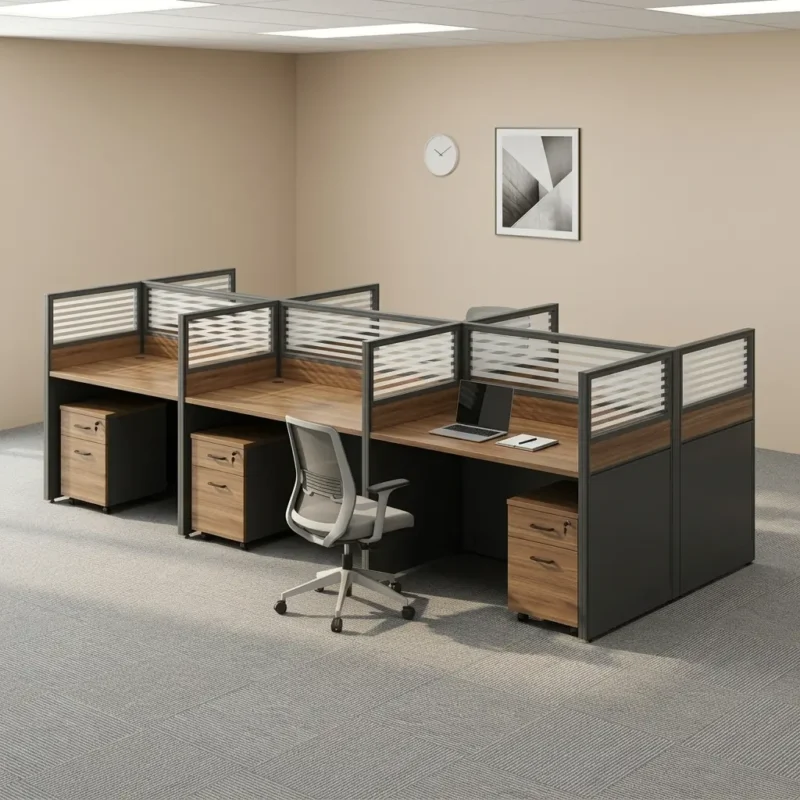6-seater office workstation configured in a back-to-back island layout, featuring warm wood-grain tabletops, grey privacy screens with slatted translucent upper panels, matching charcoal side panels, and individual lockable under-desk mobile filing cabinets.