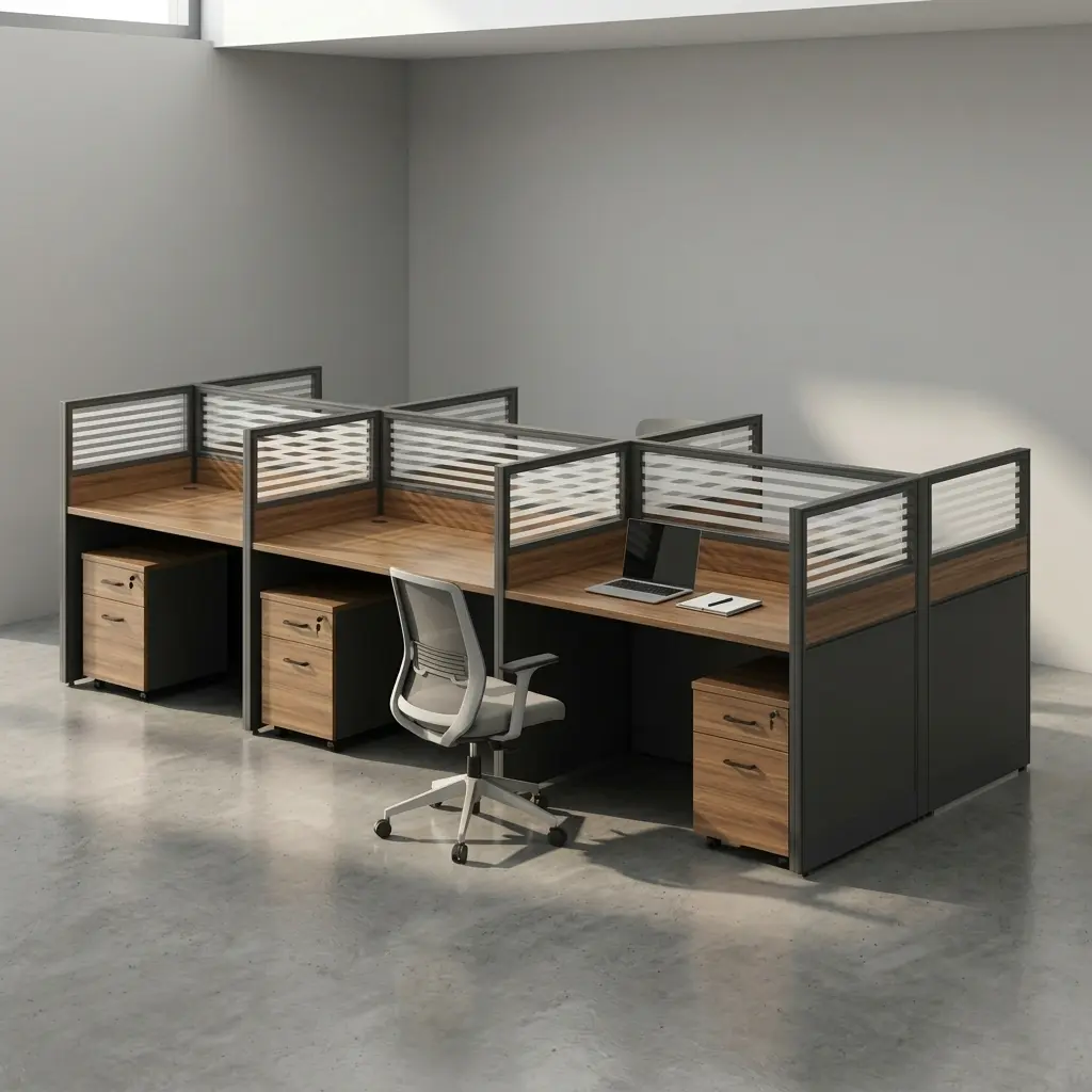 6-seater office workstation configured in a back-to-back island layout, featuring warm wood-grain tabletops, grey privacy screens with slatted translucent upper panels, matching charcoal side panels, and individual lockable under-desk mobile filing cabinets.