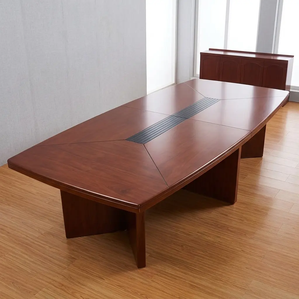 3.0m executive conference table featuring a boat-shaped wooden tabletop in a rich reddish-brown cherry finish, a decorative multi-panel wood grain pattern with a central black slatted wire management channel, and three sturdy matching T-shaped wooden pedestal bases.