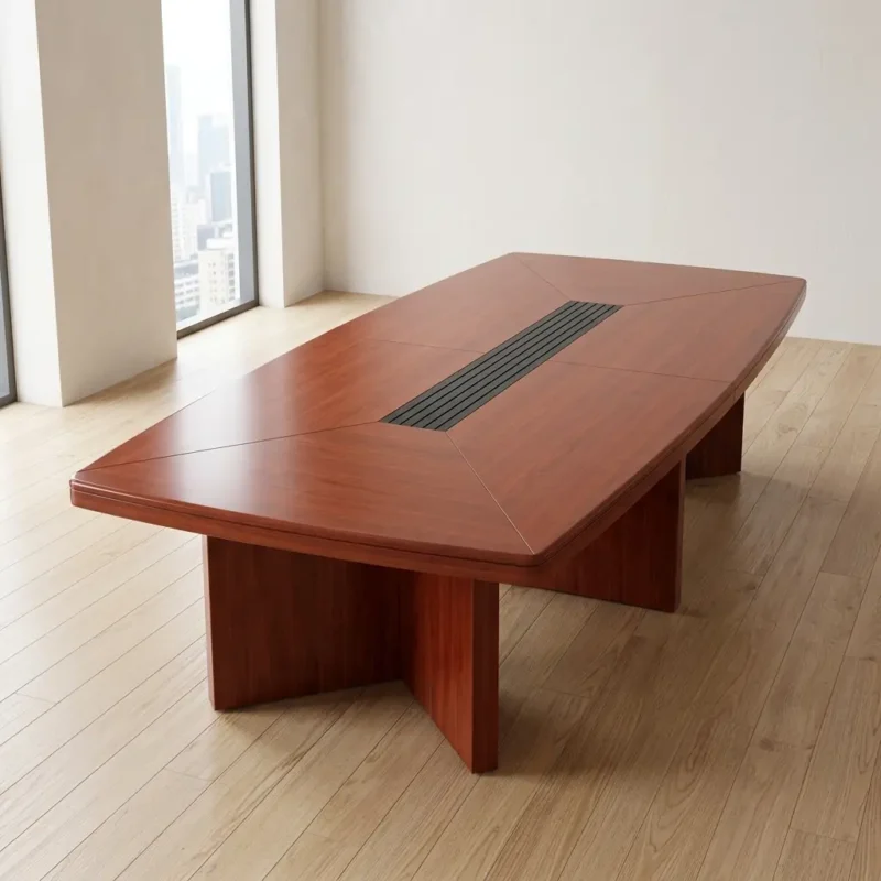3.0m executive conference table featuring a boat-shaped wooden tabletop in a rich reddish-brown cherry finish, a decorative multi-panel wood grain pattern with a central black slatted wire management channel, and three sturdy matching T-shaped wooden pedestal bases.