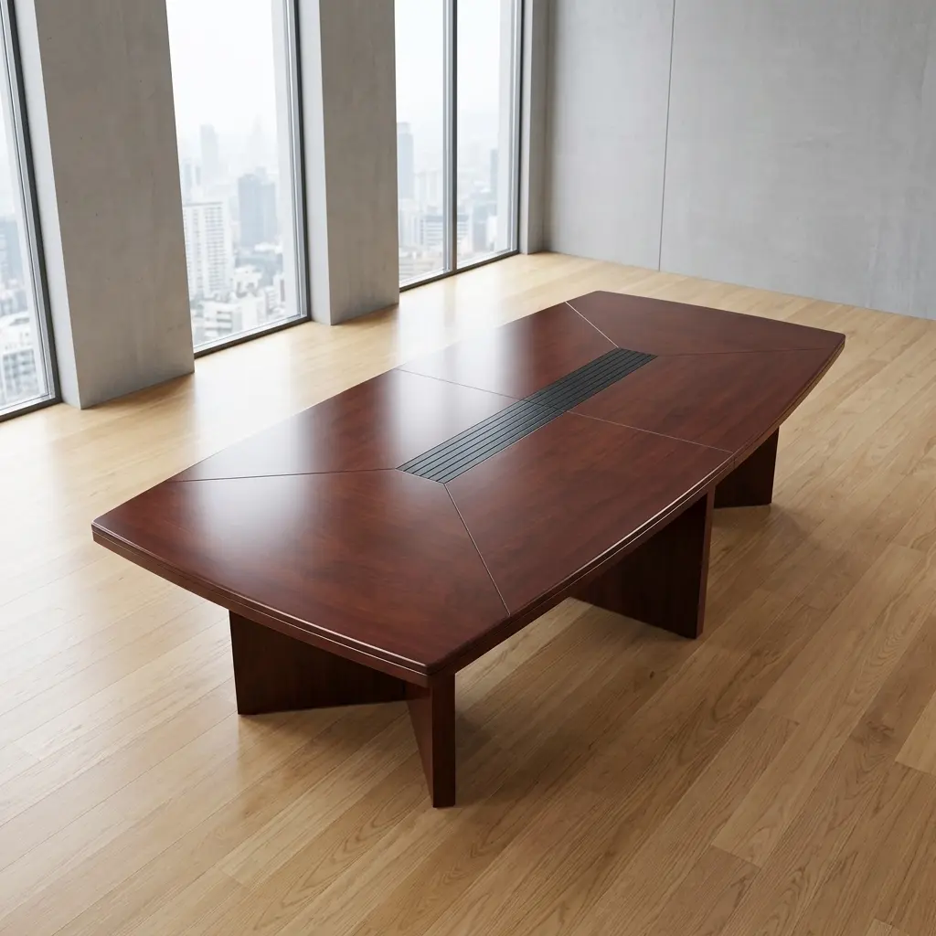 3.0m executive conference table featuring a boat-shaped wooden tabletop in a rich reddish-brown cherry finish, a decorative multi-panel wood grain pattern with a central black slatted wire management channel, and three sturdy matching T-shaped wooden pedestal bases.