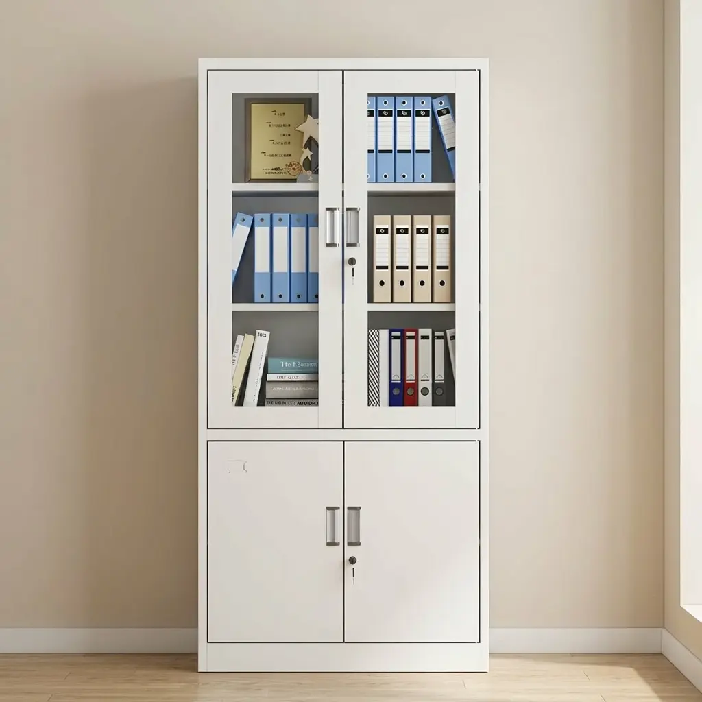 Lockable steel office file cabinet in a bright white powder-coated finish, featuring a split-door layout with dual upper glass-panel display doors revealing shelves filled with binders, and a matching solid double-door lower storage cupboard, both secured with cylinder key locks.