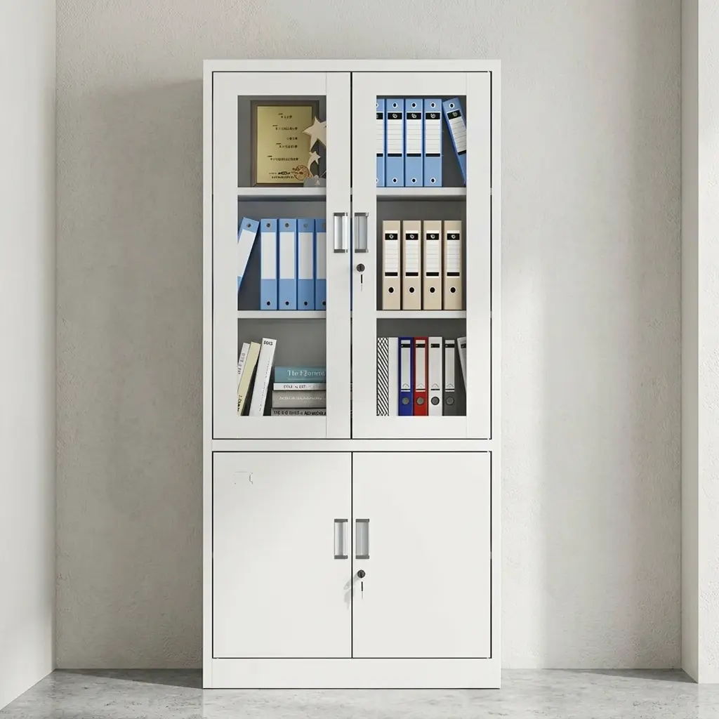 Lockable steel office file cabinet in a bright white powder-coated finish, featuring a split-door layout with dual upper glass-panel display doors revealing shelves filled with binders, and a matching solid double-door lower storage cupboard, both secured with cylinder key locks.