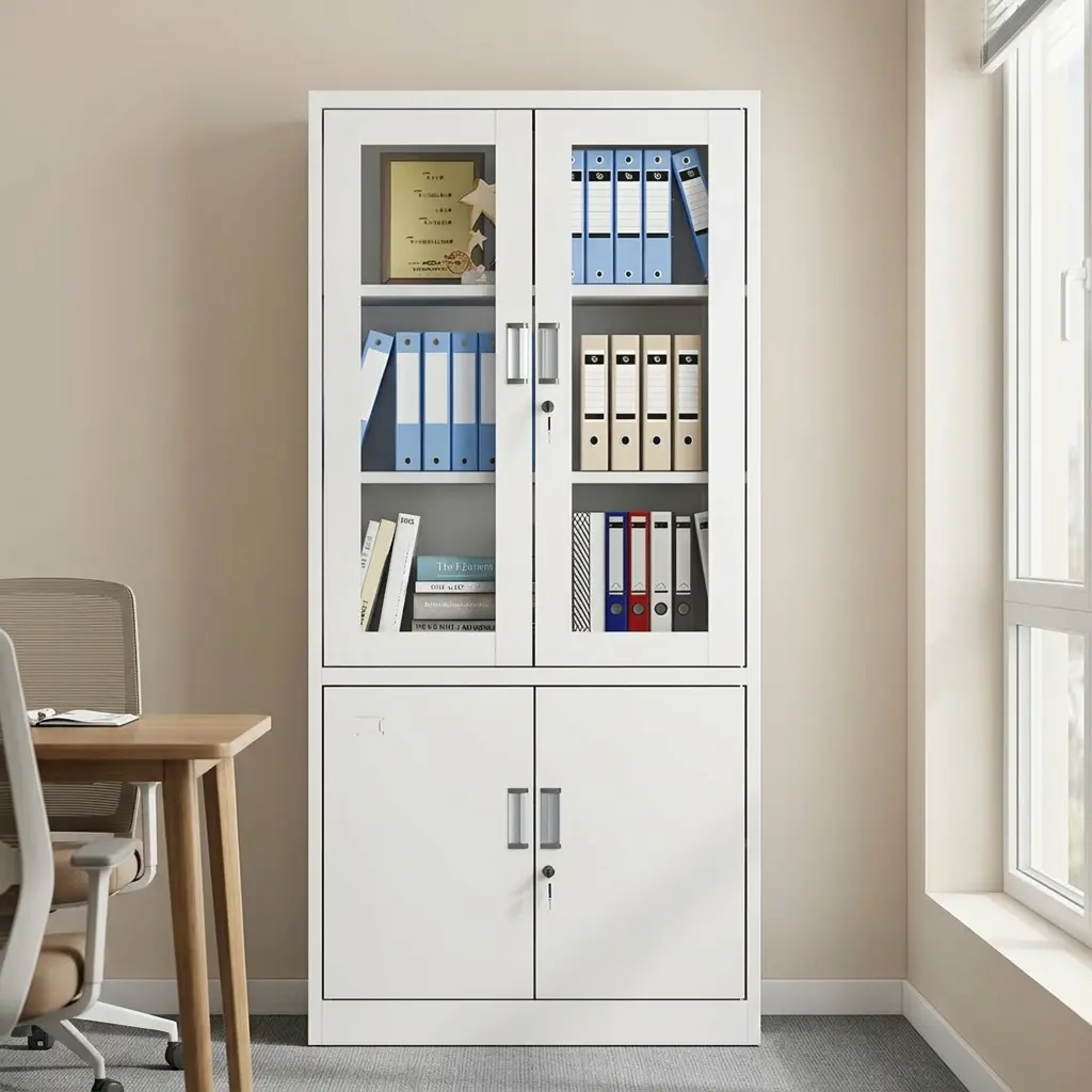 Lockable steel office file cabinet in a bright white powder-coated finish, featuring a split-door layout with dual upper glass-panel display doors revealing shelves filled with binders, and a matching solid double-door lower storage cupboard, both secured with cylinder key locks.