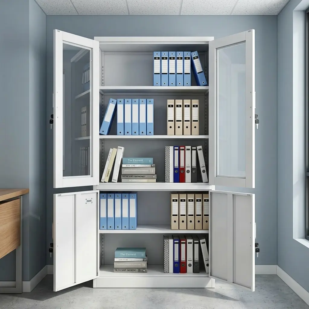 Lockable steel office file cabinet in a bright white powder-coated finish, featuring a split-door layout with dual upper glass-panel display doors revealing shelves filled with binders, and a matching solid double-door lower storage cupboard, both secured with cylinder key locks.