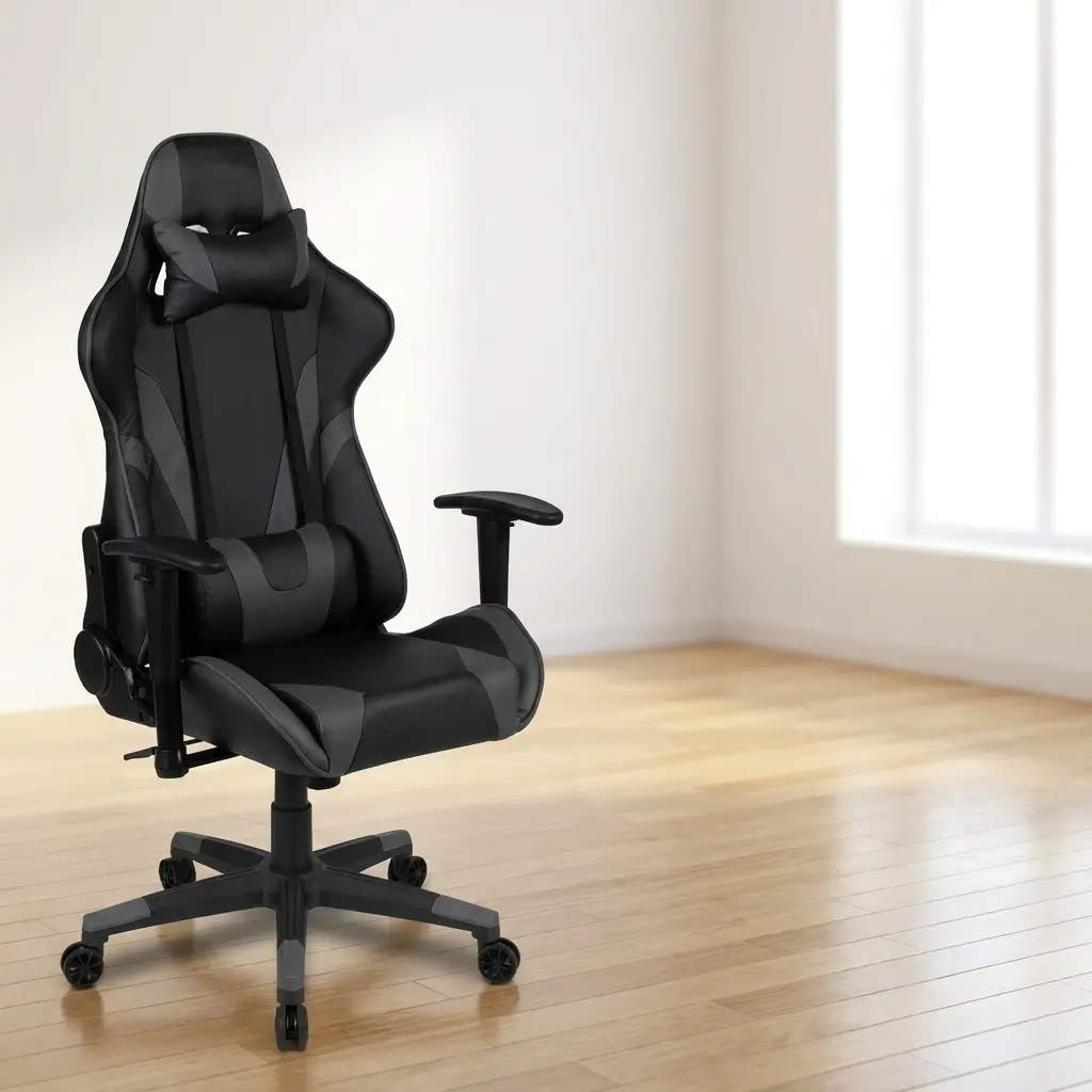 Black reclining gaming chair in a high-back racing style design, featuring dark grey faux leather panels, adjustable armrests, a removable neck pillow, an external lumbar support cushion with vertical straps, and a black five-star swivel base on rolling casters.