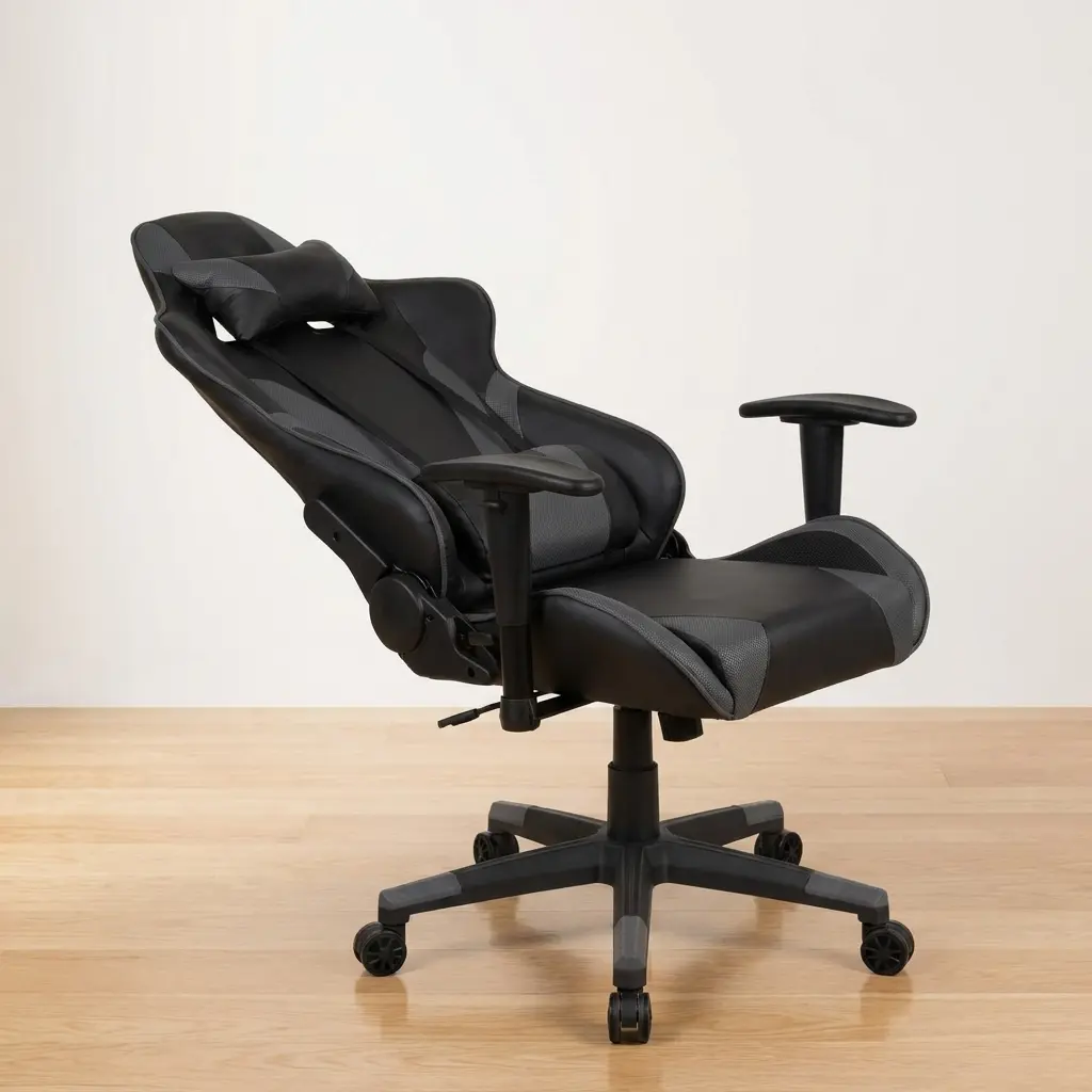 Black reclining gaming chair in a high-back racing style design, featuring dark grey faux leather panels, adjustable armrests, a removable neck pillow, an external lumbar support cushion with vertical straps, and a black five-star swivel base on rolling casters.