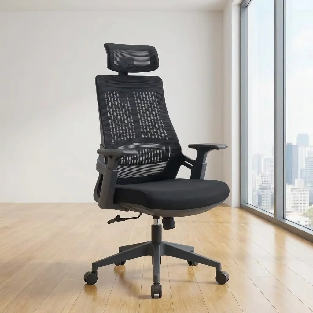 High-back mesh office seat featuring an adjustable curved headrest, a translucent black mesh backrest with a vertical pattern accent, integrated curved lumbar support, T-shaped adjustable armrests, a contoured black fabric seat cushion, and a five-star nylon swivel base on rolling casters.