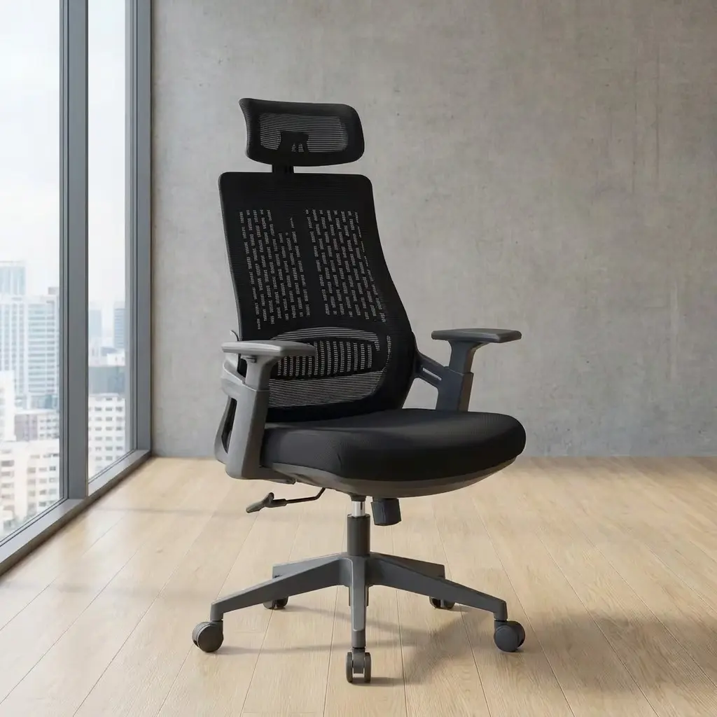 High-back mesh office seat featuring an adjustable curved headrest, a translucent black mesh backrest with a vertical pattern accent, integrated curved lumbar support, T-shaped adjustable armrests, a contoured black fabric seat cushion, and a five-star nylon swivel base on rolling casters.