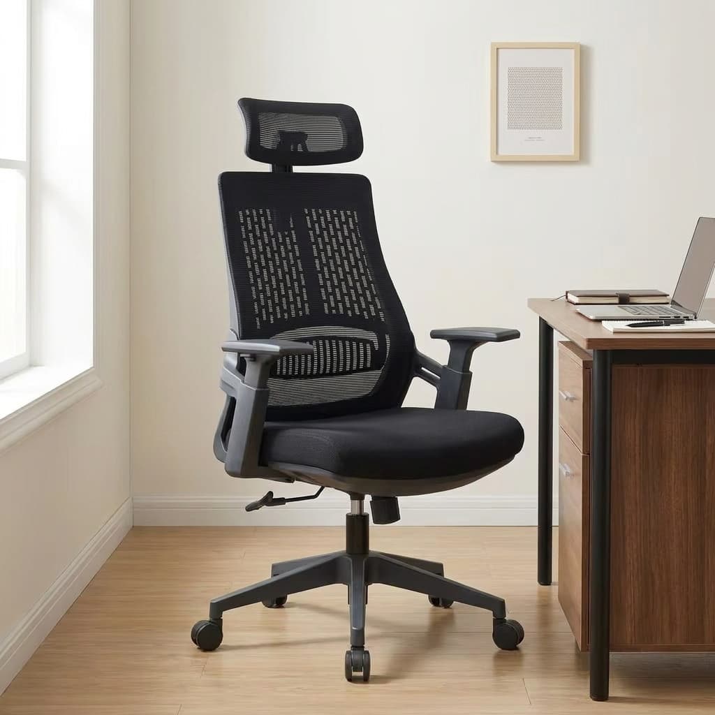 High-back mesh office seat featuring an adjustable curved headrest, a translucent black mesh backrest with a vertical pattern accent, integrated curved lumbar support, T-shaped adjustable armrests, a contoured black fabric seat cushion, and a five-star nylon swivel base on rolling casters.