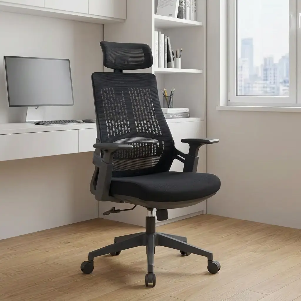High-back mesh office seat featuring an adjustable curved headrest, a translucent black mesh backrest with a vertical pattern accent, integrated curved lumbar support, T-shaped adjustable armrests, a contoured black fabric seat cushion, and a five-star nylon swivel base on rolling casters.