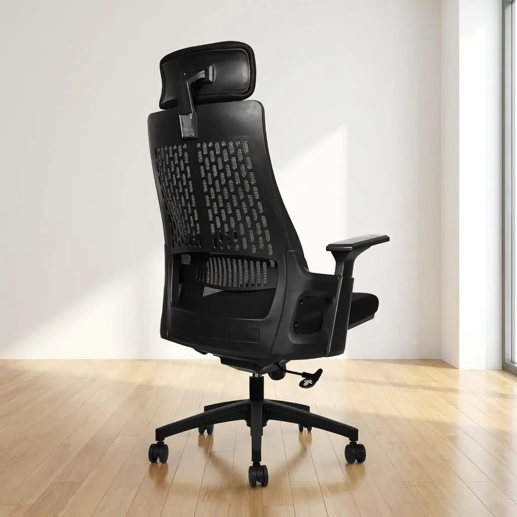 High-back mesh office seat featuring an adjustable curved headrest, a translucent black mesh backrest with a vertical pattern accent, integrated curved lumbar support, T-shaped adjustable armrests, a contoured black fabric seat cushion, and a five-star nylon swivel base on rolling casters.