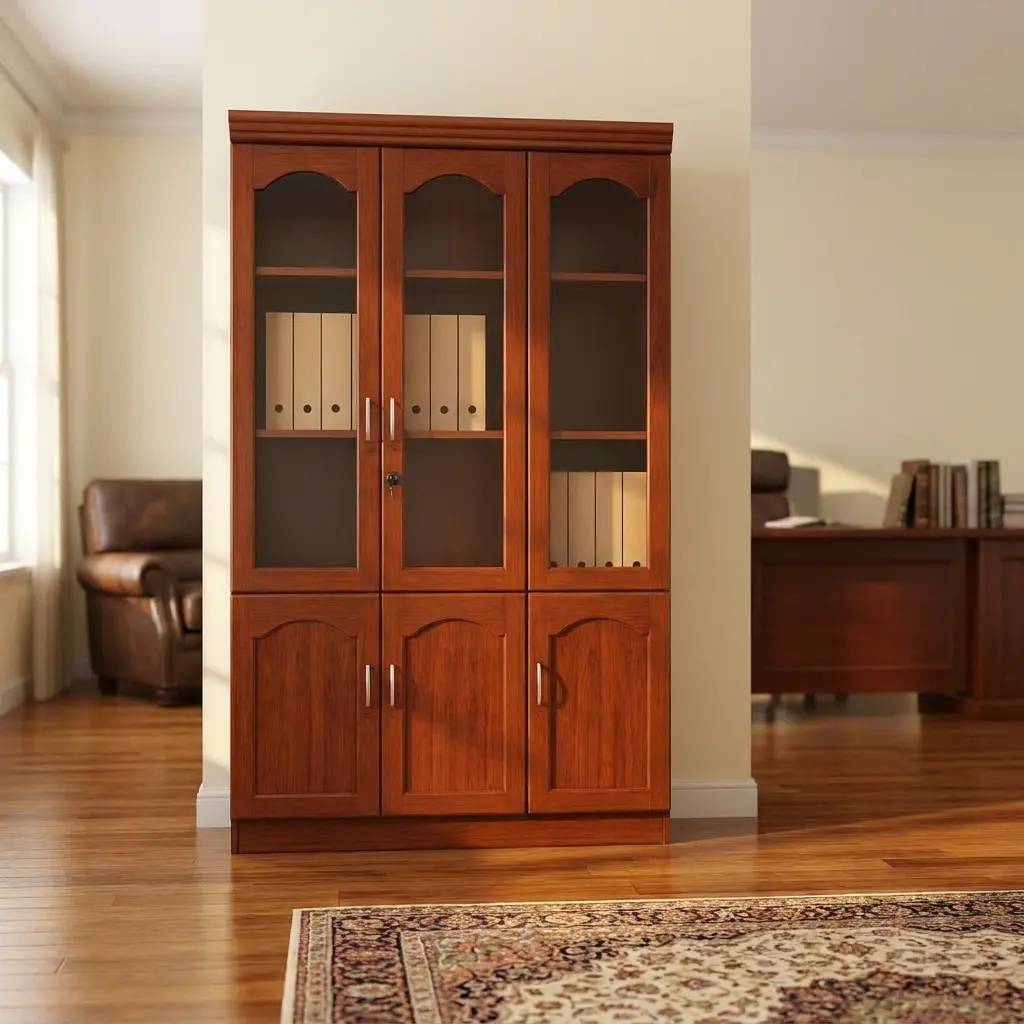 3-door executive office cabinet in a rich reddish-brown wood grain finish, featuring three arched glass-panel upper display doors revealing internal shelves, vertical silver handles with a central key lock, and three solid wooden lower cupboard doors with matching arched accents.