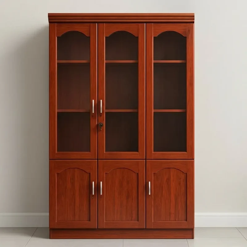 3-door executive office cabinet in a rich reddish-brown wood grain finish, featuring three arched glass-panel upper display doors revealing internal shelves, vertical silver handles with a central key lock, and three solid wooden lower cupboard doors with matching arched accents.