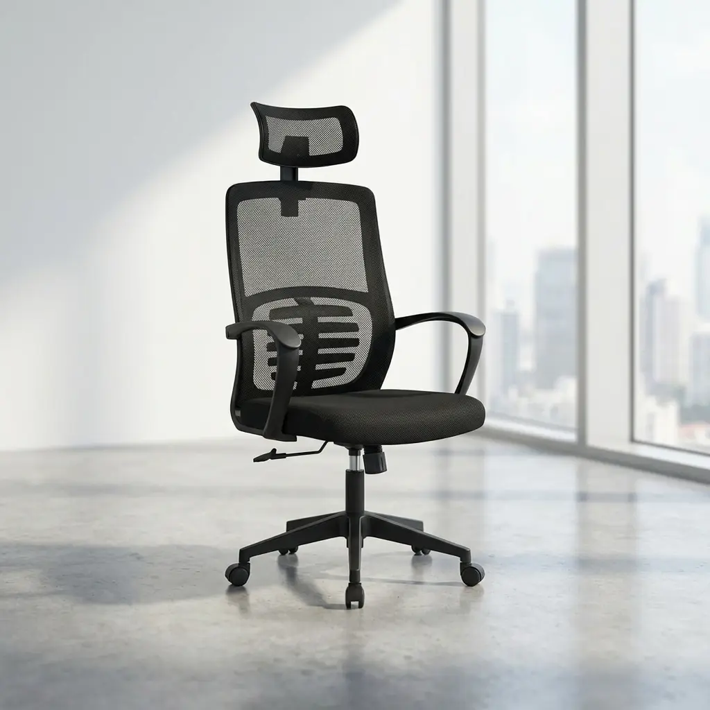 Ergonomic mesh office seat shown in a three-angle product collage, featuring an adjustable mesh headrest, a black mesh backrest with a prominent horizontal ribbed external lumbar support brace, curved fixed armrests, a padded fabric cushion, and a black five-star swivel base on rolling casters.