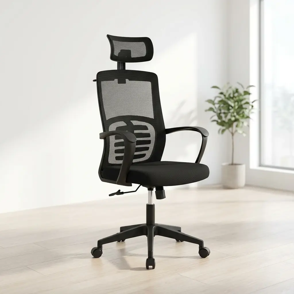 Ergonomic mesh office seat shown in a three-angle product collage, featuring an adjustable mesh headrest, a black mesh backrest with a prominent horizontal ribbed external lumbar support brace, curved fixed armrests, a padded fabric cushion, and a black five-star swivel base on rolling casters.