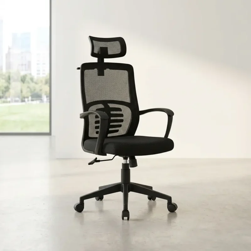 Ergonomic mesh office seat shown in a three-angle product collage, featuring an adjustable mesh headrest, a black mesh backrest with a prominent horizontal ribbed external lumbar support brace, curved fixed armrests, a padded fabric cushion, and a black five-star swivel base on rolling casters.
