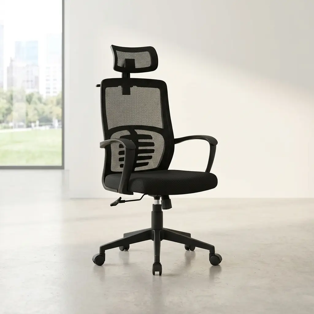 Ergonomic mesh office seat shown in a three-angle product collage, featuring an adjustable mesh headrest, a black mesh backrest with a prominent horizontal ribbed external lumbar support brace, curved fixed armrests, a padded fabric cushion, and a black five-star swivel base on rolling casters.