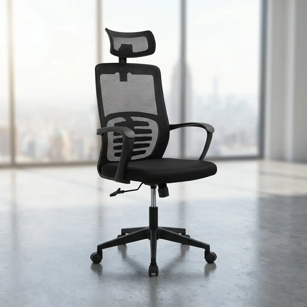 Ergonomic mesh office seat shown in a three-angle product collage, featuring an adjustable mesh headrest, a black mesh backrest with a prominent horizontal ribbed external lumbar support brace, curved fixed armrests, a padded fabric cushion, and a black five-star swivel base on rolling casters.