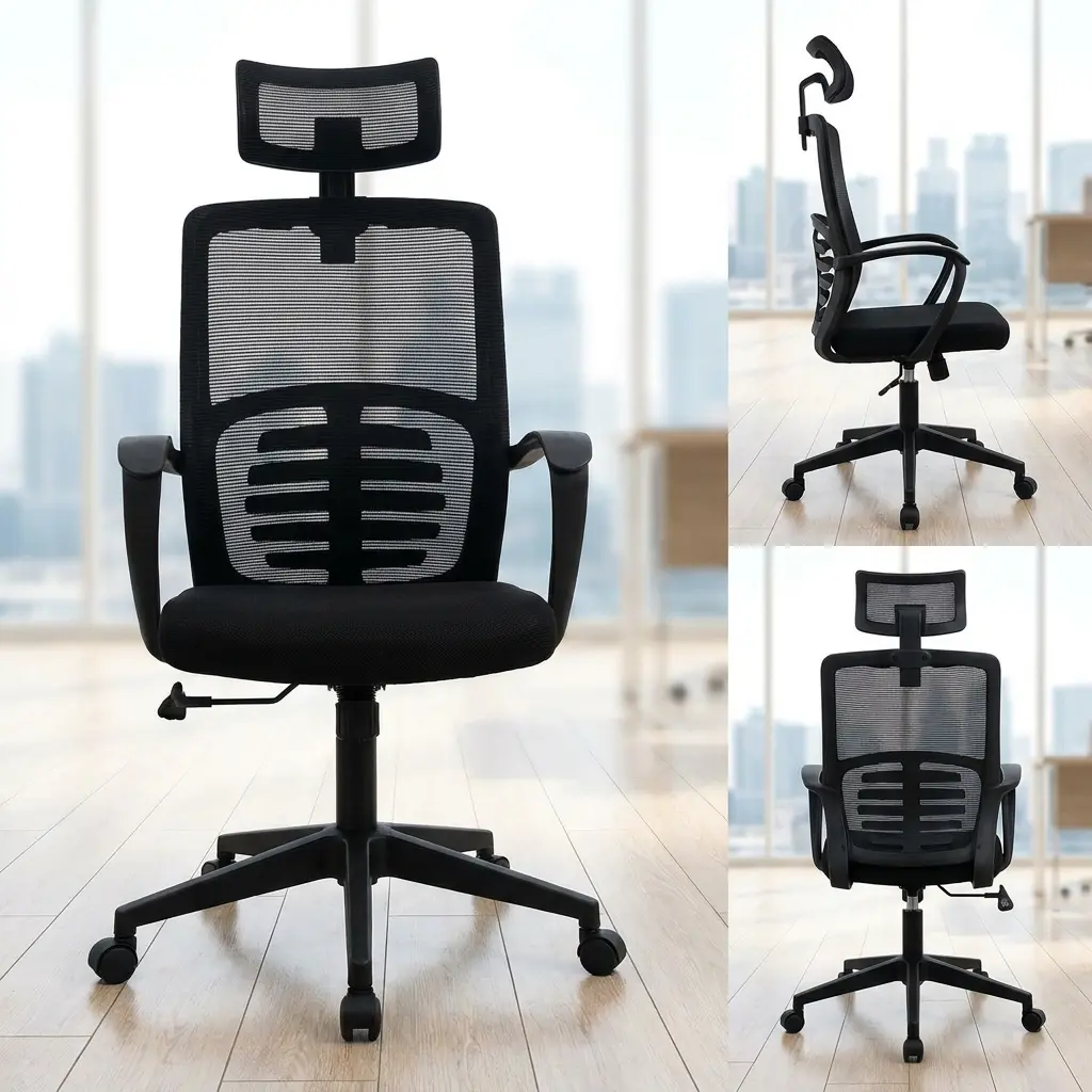 Ergonomic mesh office seat shown in a three-angle product collage, featuring an adjustable mesh headrest, a black mesh backrest with a prominent horizontal ribbed external lumbar support brace, curved fixed armrests, a padded fabric cushion, and a black five-star swivel base on rolling casters.