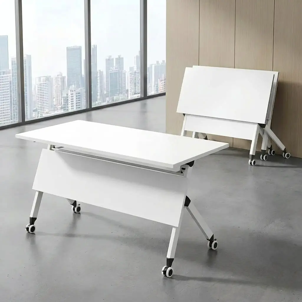 1.2m movable training table in a sleek white finish, featuring a rectangular flip-top desktop, a matching integrated white metal modesty panel, and an angled t-leg metal base equipped with lockable dual-wheel swivel casters, shown alongside nested folded tables.