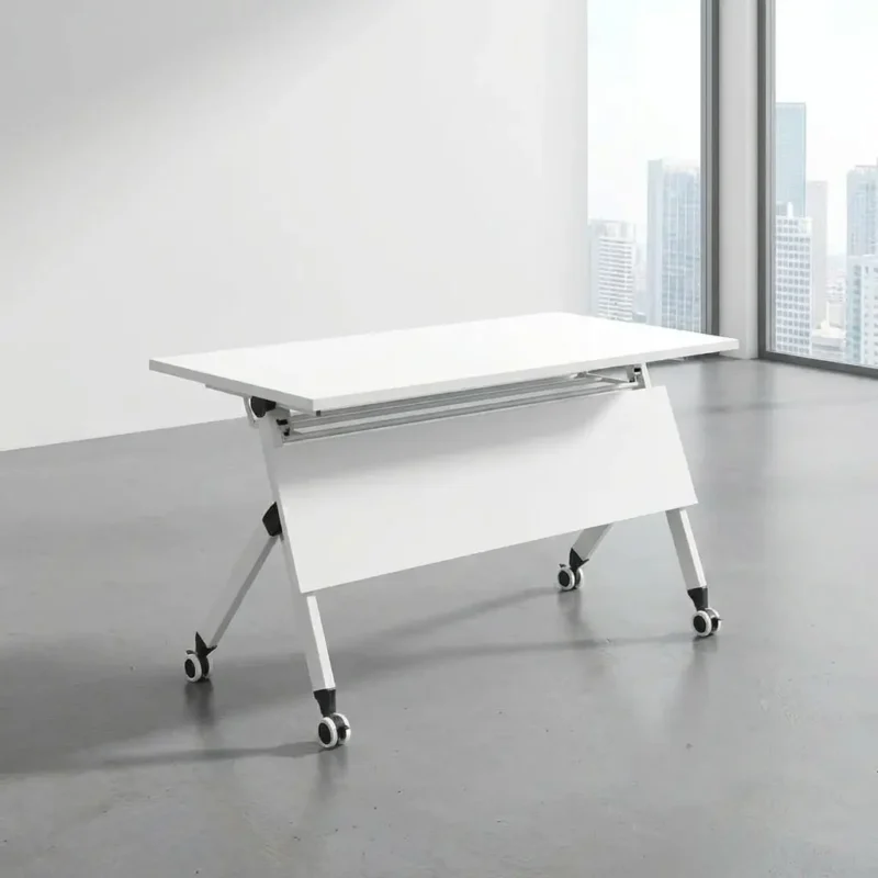1.2m movable training table in a sleek white finish, featuring a rectangular flip-top desktop, a matching integrated white metal modesty panel, and an angled t-leg metal base equipped with lockable dual-wheel swivel casters, shown alongside nested folded tables.