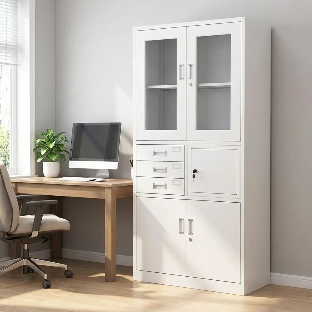 Metallic filing cabinet with safe in a light grey powder-coated steel finish, featuring dual upper glass-panel doors with binders, three central index card drawers stacked next to an open compartment revealing a built-in lockable security safe box, and a double-door bottom cupboard showing open file shelves.