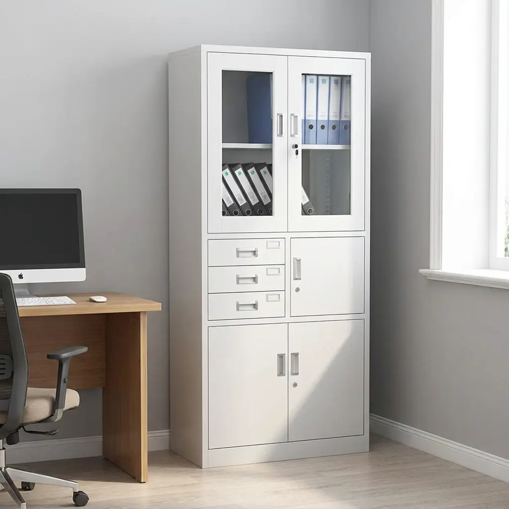 Metallic filing cabinet with safe in a light grey powder-coated steel finish, featuring dual upper glass-panel doors with binders, three central index card drawers stacked next to an open compartment revealing a built-in lockable security safe box, and a double-door bottom cupboard showing open file shelves.