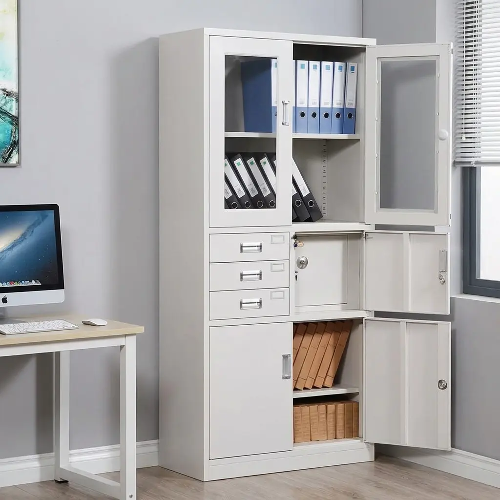 Metallic filing cabinet with safe in a light grey powder-coated steel finish, featuring dual upper glass-panel doors with binders, three central index card drawers stacked next to an open compartment revealing a built-in lockable security safe box, and a double-door bottom cupboard showing open file shelves.
