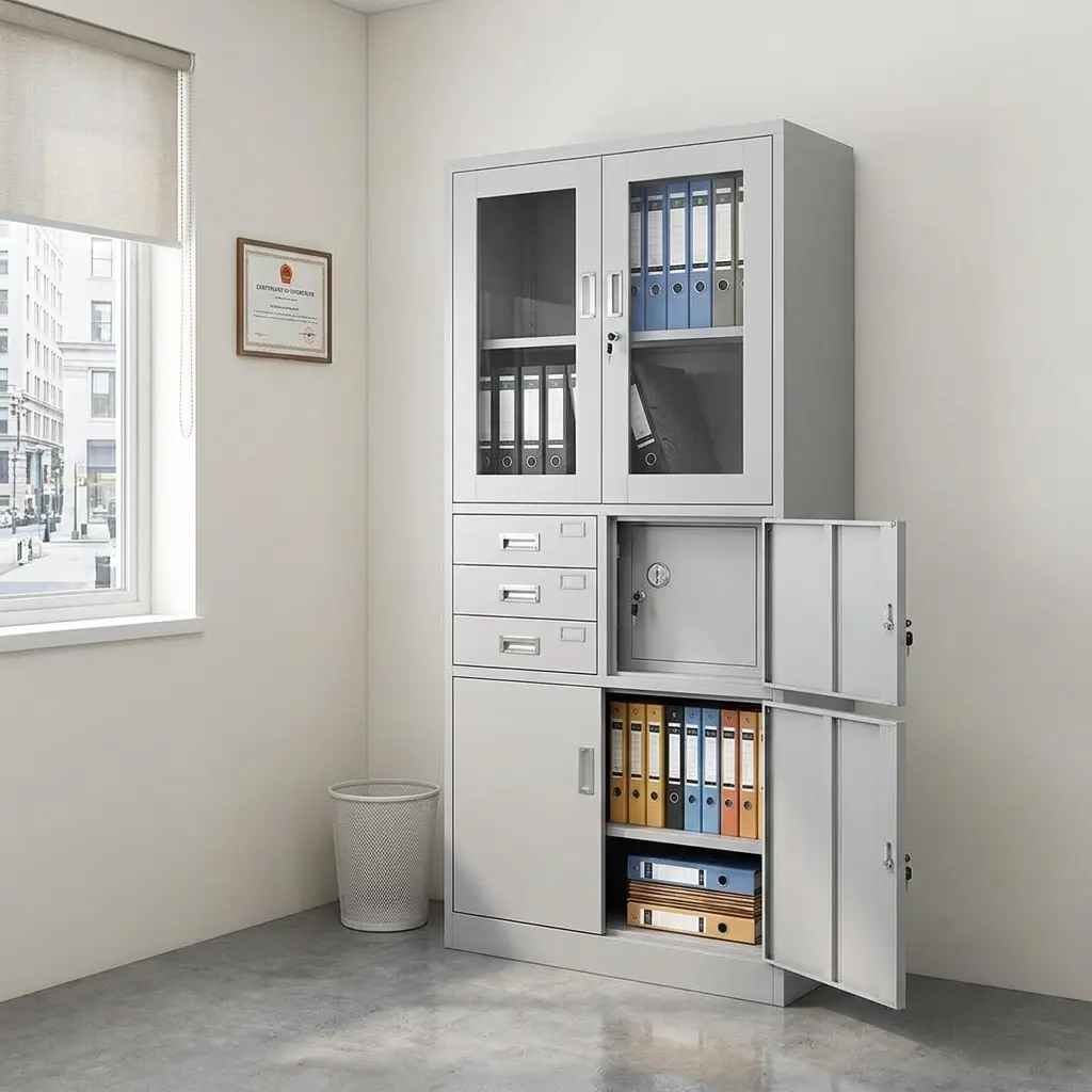 Metallic filing cabinet with safe in a light grey powder-coated steel finish, featuring dual upper glass-panel doors with binders, three central index card drawers stacked next to an open compartment revealing a built-in lockable security safe box, and a double-door bottom cupboard showing open file shelves.
