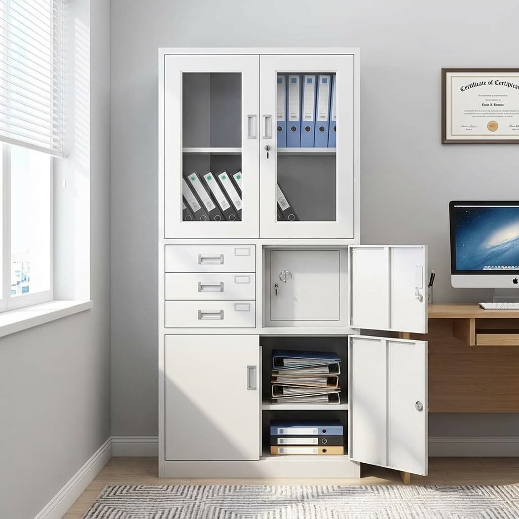 Metallic filing cabinet with safe in a light grey powder-coated steel finish, featuring dual upper glass-panel doors with binders, three central index card drawers stacked next to an open compartment revealing a built-in lockable security safe box, and a double-door bottom cupboard showing open file shelves.