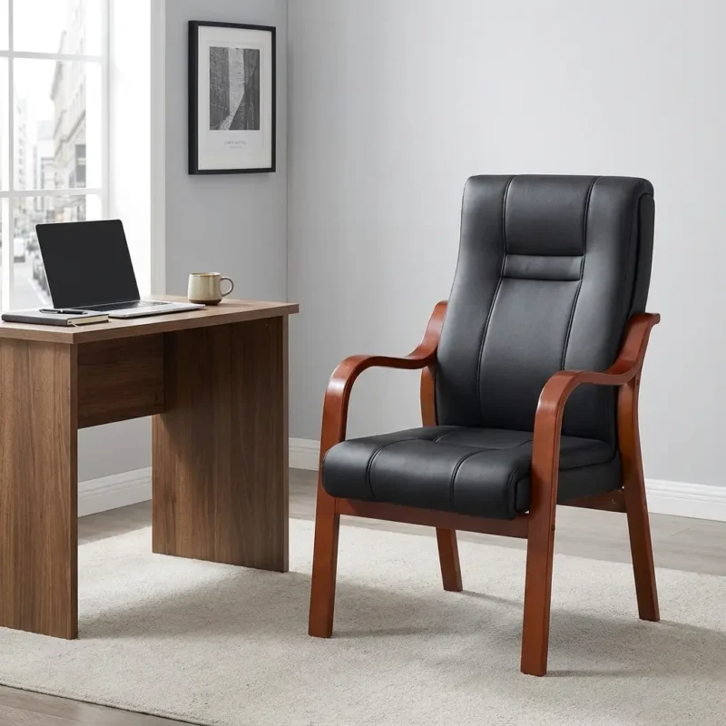 Leather boardroom office chair featuring a high-back cushioned seat upholstered in smooth black faux leather with subtle vertical stitched segments, integrated into a curved cherry-finished solid wood frame with flowing open armrests and four fixed square-tapered legs.
