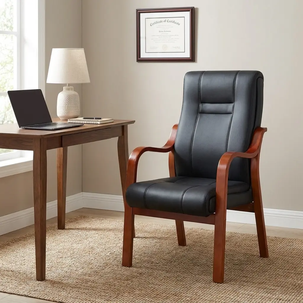 Leather boardroom office chair featuring a high-back cushioned seat upholstered in smooth black faux leather with subtle vertical stitched segments, integrated into a curved cherry-finished solid wood frame with flowing open armrests and four fixed square-tapered legs.