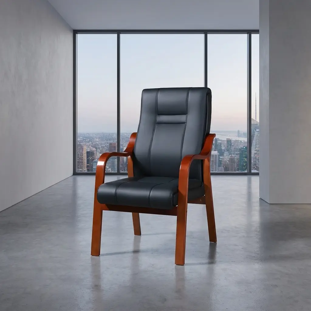 Leather boardroom office chair featuring a high-back cushioned seat upholstered in smooth black faux leather with subtle vertical stitched segments, integrated into a curved cherry-finished solid wood frame with flowing open armrests and four fixed square-tapered legs.
