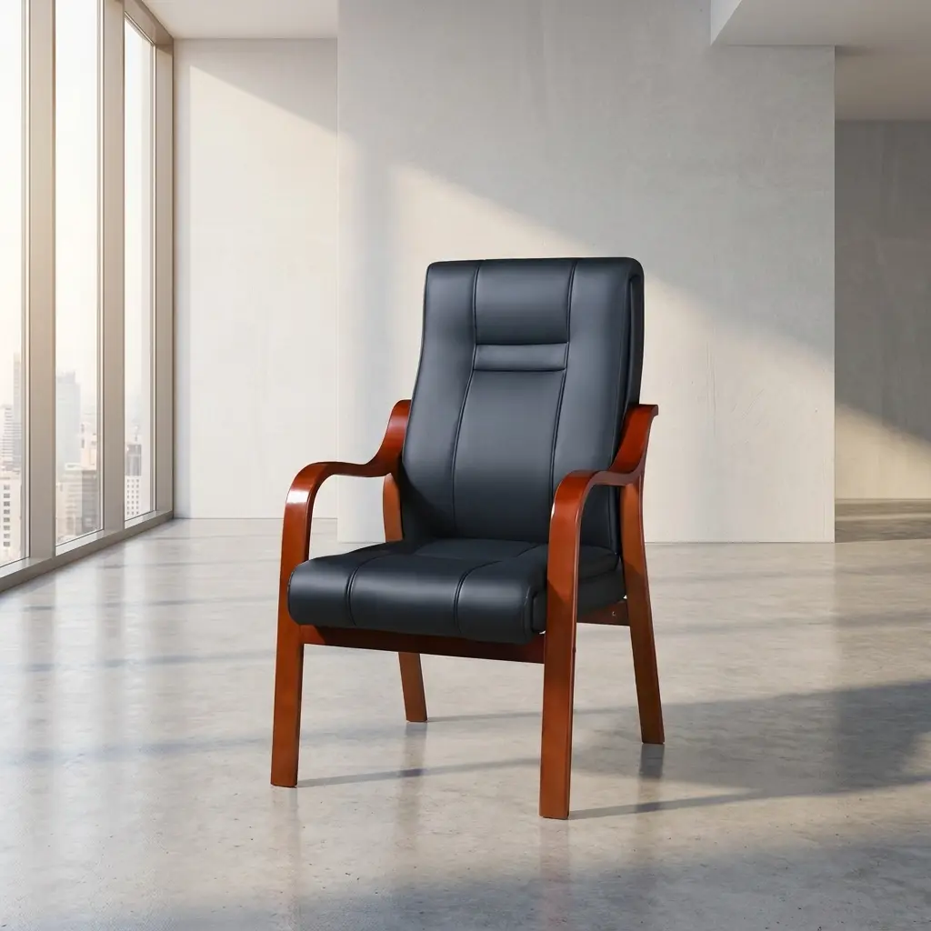 Leather boardroom office chair featuring a high-back cushioned seat upholstered in smooth black faux leather with subtle vertical stitched segments, integrated into a curved cherry-finished solid wood frame with flowing open armrests and four fixed square-tapered legs.