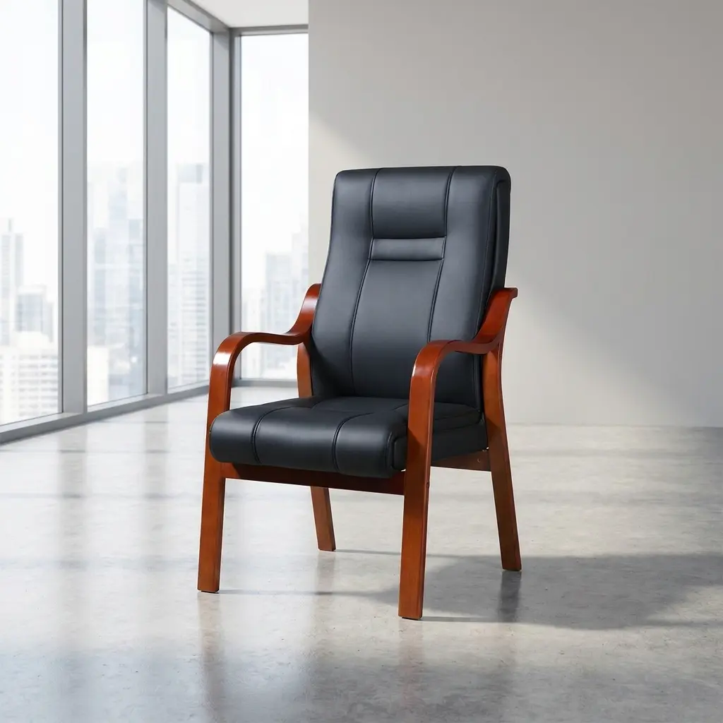 Leather boardroom office chair featuring a high-back cushioned seat upholstered in smooth black faux leather with subtle vertical stitched segments, integrated into a curved cherry-finished solid wood frame with flowing open armrests and four fixed square-tapered legs.