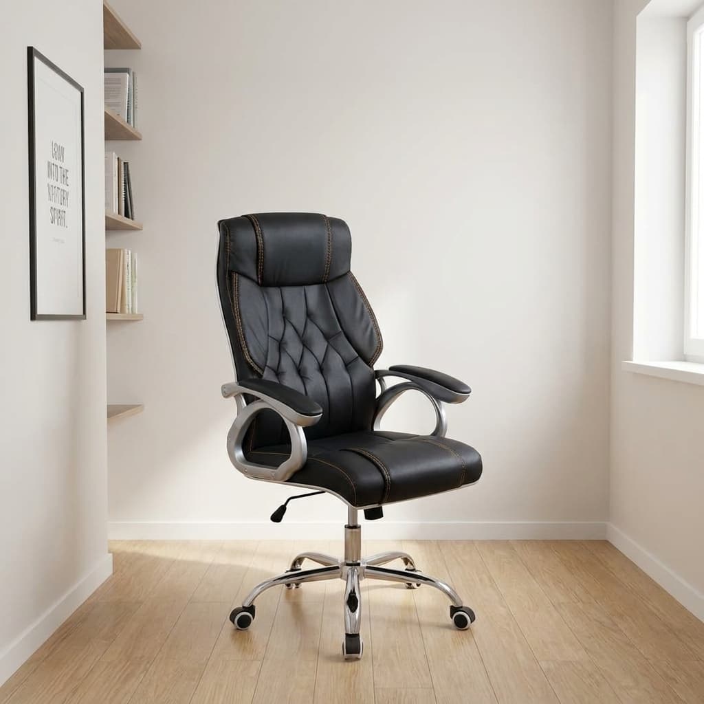 Executive high back office seat featuring a plush black leather backrest with classic diamond-tufted quilting, contrast stitching accents, padded silver loop armrests, a contoured waterfall seat cushion, and a polished chrome five-star swivel base on rolling casters.