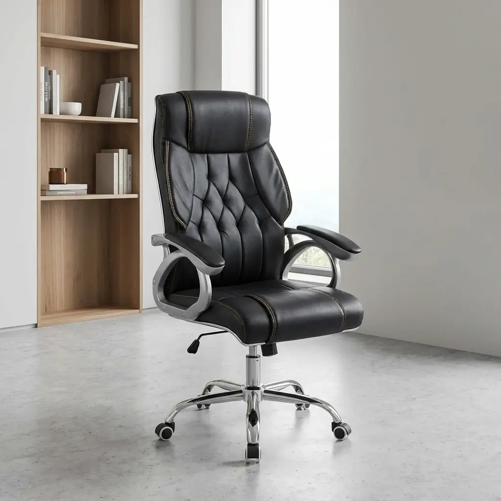 Executive high back office seat featuring a plush black leather backrest with classic diamond-tufted quilting, contrast stitching accents, padded silver loop armrests, a contoured waterfall seat cushion, and a polished chrome five-star swivel base on rolling casters.