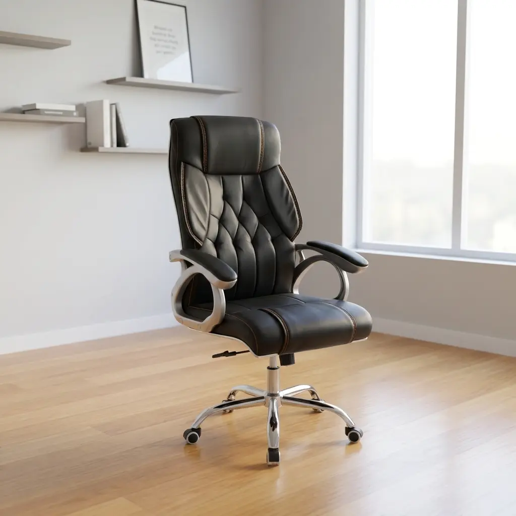 Executive high back office seat featuring a plush black leather backrest with classic diamond-tufted quilting, contrast stitching accents, padded silver loop armrests, a contoured waterfall seat cushion, and a polished chrome five-star swivel base on rolling casters.
