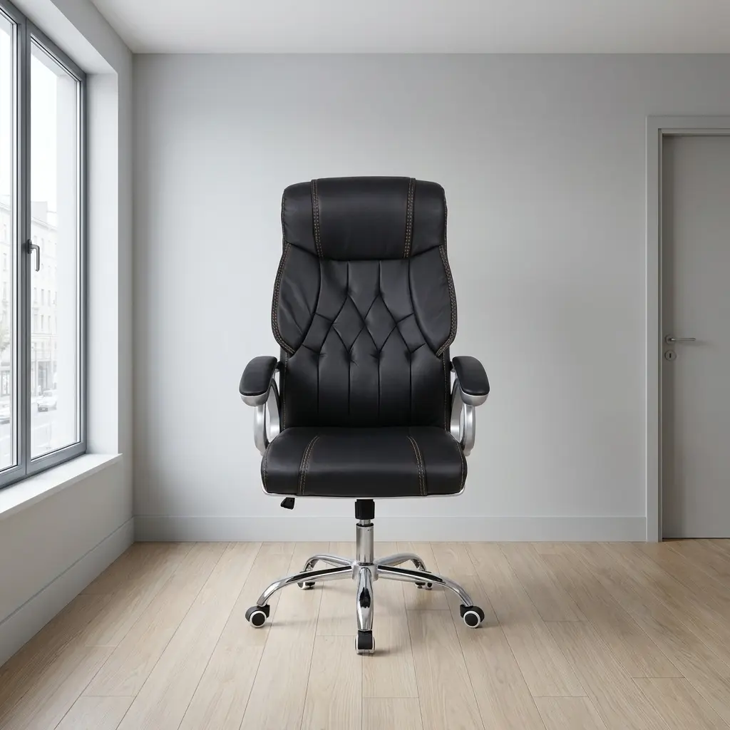 Executive high back office seat featuring a plush black leather backrest with classic diamond-tufted quilting, contrast stitching accents, padded silver loop armrests, a contoured waterfall seat cushion, and a polished chrome five-star swivel base on rolling casters.