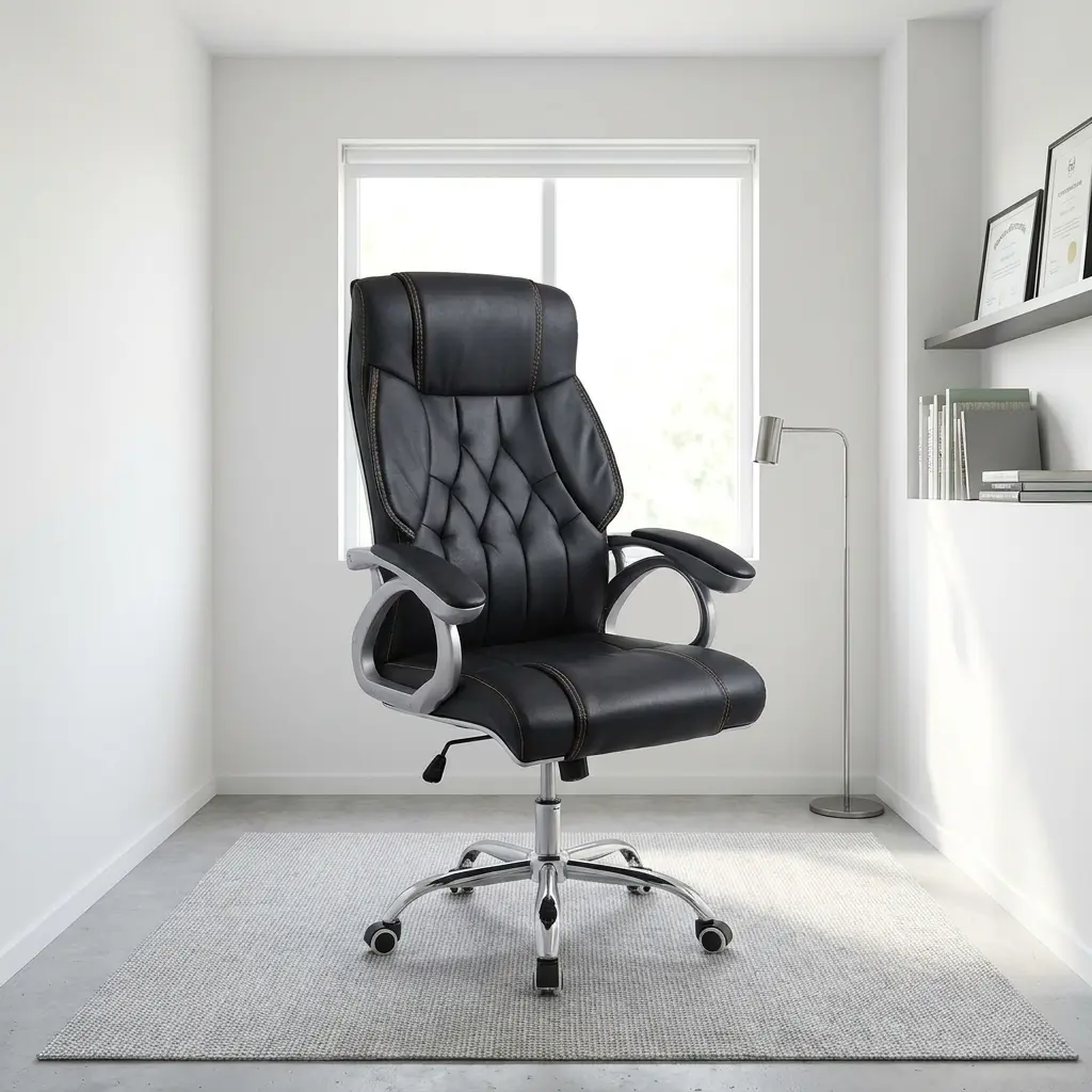 Executive high back office seat featuring a plush black leather backrest with classic diamond-tufted quilting, contrast stitching accents, padded silver loop armrests, a contoured waterfall seat cushion, and a polished chrome five-star swivel base on rolling casters.