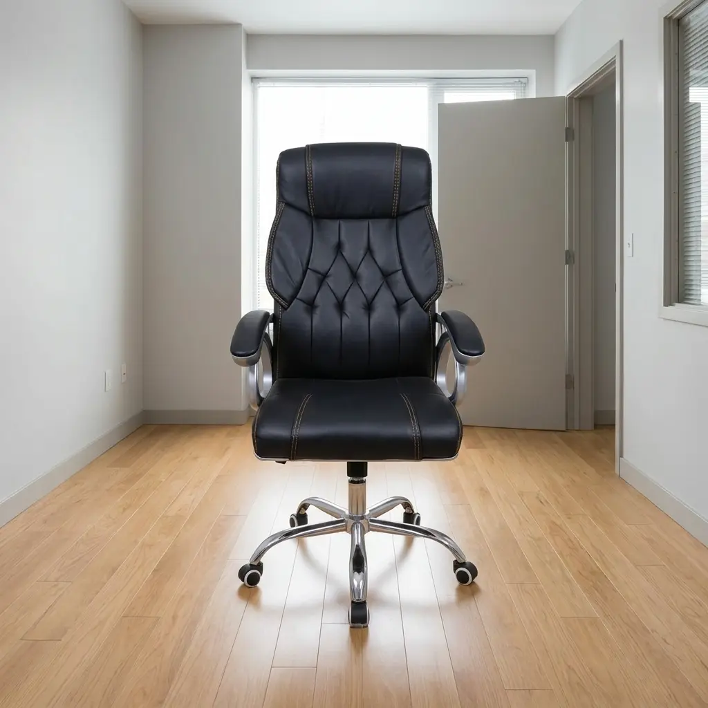 Executive high back office seat featuring a plush black leather backrest with classic diamond-tufted quilting, contrast stitching accents, padded silver loop armrests, a contoured waterfall seat cushion, and a polished chrome five-star swivel base on rolling casters.
