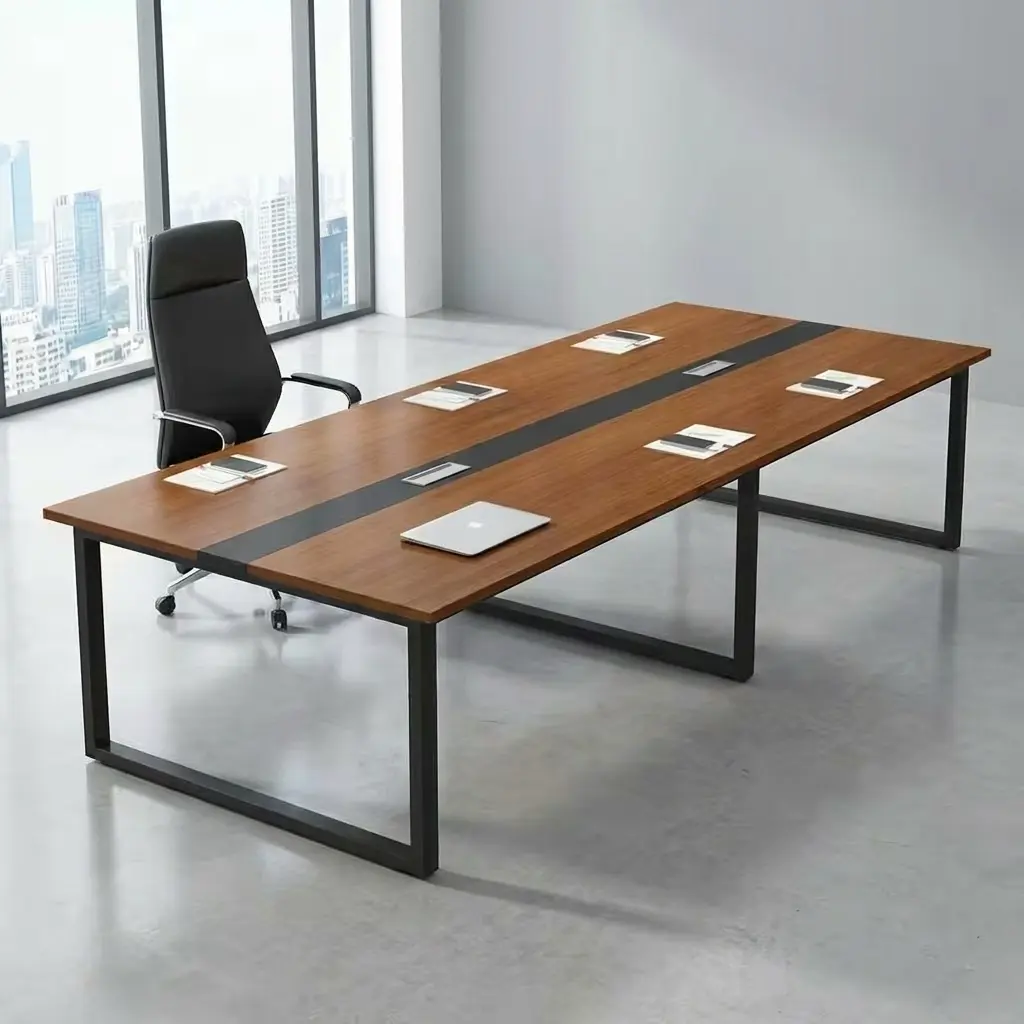 2400mm boardroom meeting table featuring a rectangular cherry wood tabletop with a central black accent strip, two integrated flip-up silver data and power outlet boxes, and a sturdy industrial black metal open-loop trestle frame.